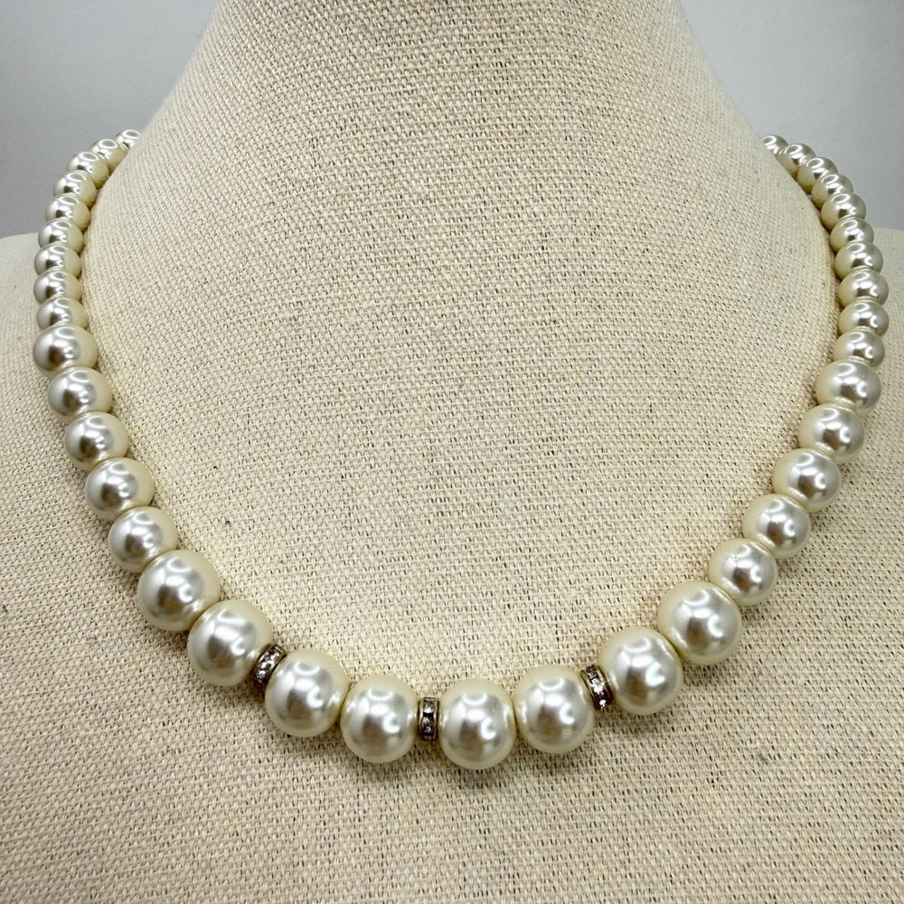 Faux Pearl Graduated Necklace Rhinestone Rondelle Accents Cream Silver
